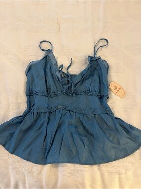 Ruched Tie-Front Blue Camisole Peplum Top